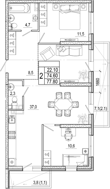 3-комн., 74.6 м², 1/17 этаж, ЖК «Лестория»