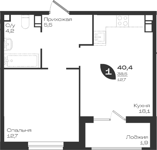 1-комн., 38.5 м², 5/9 этаж, ЖК «Ботаника»