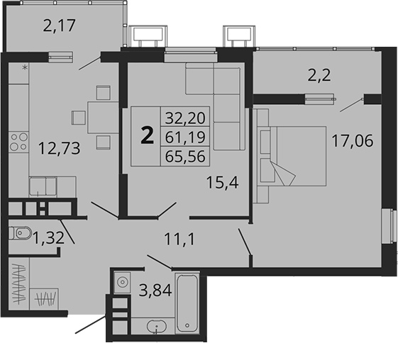 2-комн., 61.19 м², 17/18 этаж, ЖК «Родные Просторы»