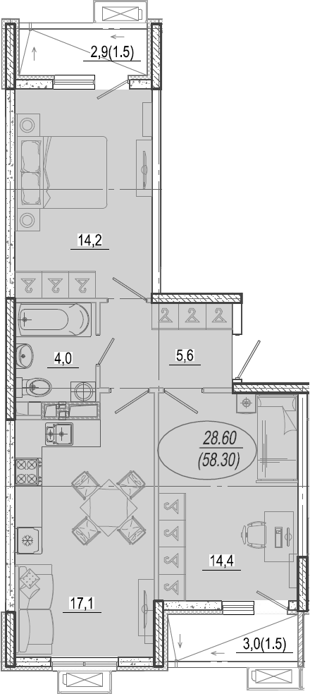 3-комн., 55.3 м², 9/9 этаж, ЖК «Микрорайон Южане»