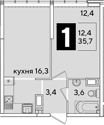 2-комн., 35.7 м², 15/16 этаж, ЖК «Самолет»