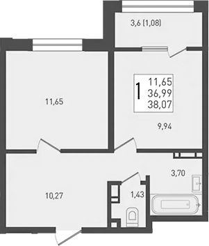 1-комн., 36.99 м², 7/9 этаж, ЖК «Югге»