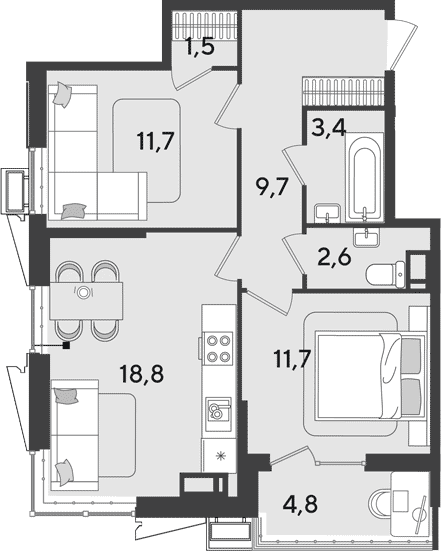 3-комн., 59.4 м², 18/18 этаж, ЖК «Парк Победы»