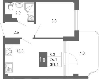 2-комн., 25.4 м², 1/3 этаж, ЖК «Монако»