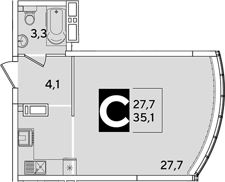 Студия, 35.1 м², 15/16 этаж, ЖК «Самолет»