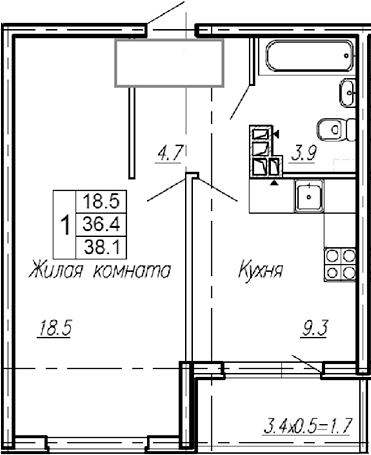 Продается 1-комн. квартира, 36.4 м²
