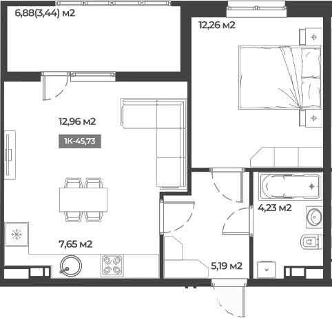 1-комн., 42.29 м², 2/5 этаж, ЖК «Соловей»