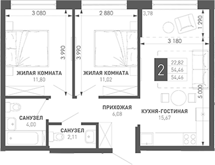 2-комн., 50.68 м², 10/18 этаж, ЖК «Иначе в Молодежном»