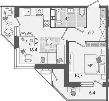 2-комн., 37.4 м², 24/24 этаж, ЖК «Рекорд»