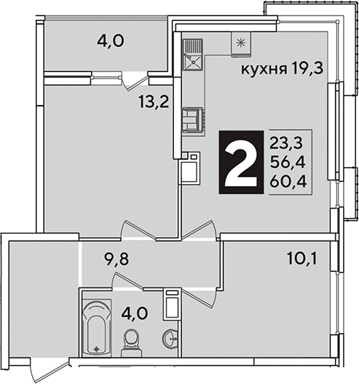 3-комн., 56.4 м², 10/16 этаж, ЖК «Самолет»