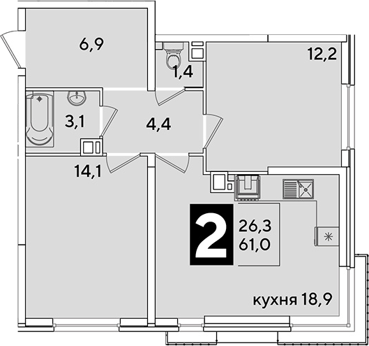 3-комн., 61 м², 3/16 этаж, ЖК «Самолет»