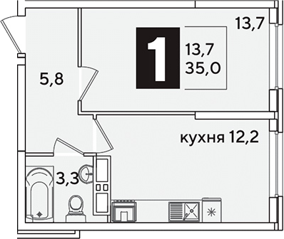 1-комн., 35 м², 14/16 этаж, ЖК «Самолет»