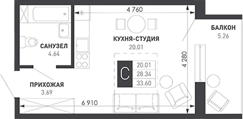 Студия, 28.34 м², 8/9 этаж, ЖК «Иначе в Молодежном»