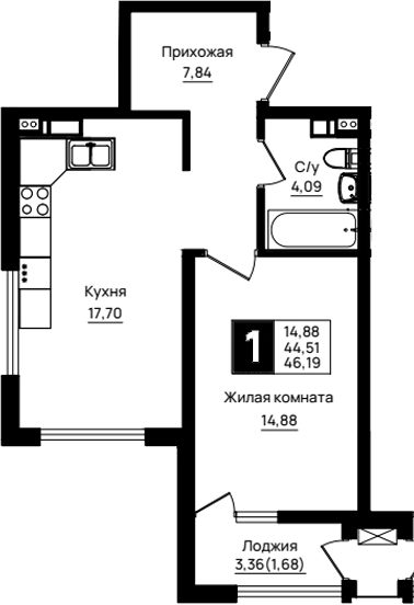 1-комн., 44.51 м², 8/18 этаж, ЖК «Резиденция морей»