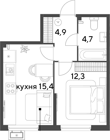 2-комн., 37.3 м², 2/9 этаж, ЖК «Парк Победы»