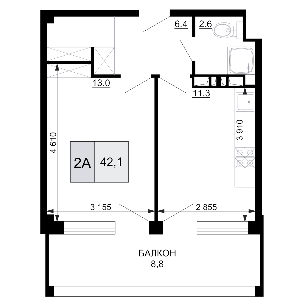 2-комн., 33.3 м², 3/9 этаж, ЖК «Гостиничный комплекс Мореград»