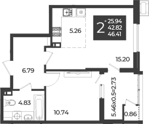 1-комн., 43.68 м², 4/18 этаж, ЖК «Образцово»