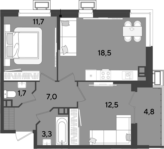 3-комн., 54.7 м², 7/9 этаж, ЖК «Парк Победы»