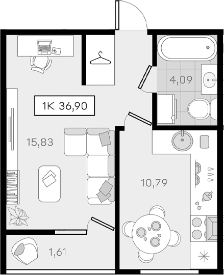 1-комн., 35.29 м², 5/8 этаж, ЖК «История 3»