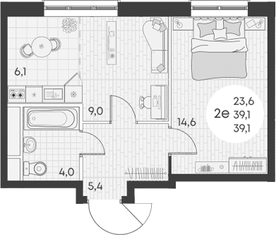 2-комн., 39.1 м², 15/16 этаж, ЖК «Грин Эппл»
