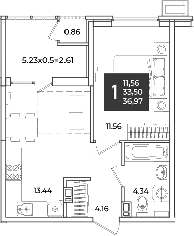 1-комн., 33.5 м², 8/18 этаж, ЖК «Образцово»