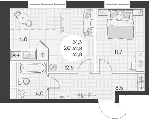 2-комн., 42.8 м², 5/16 этаж, ЖК «Грин Эппл»