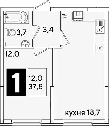 2-комн., 37.8 м², 2/16 этаж, ЖК «Самолет»