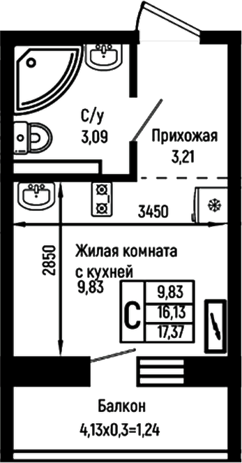 Студия, 16.13 м², 7/9 этаж, ЖК «Ботаника Хиллс»