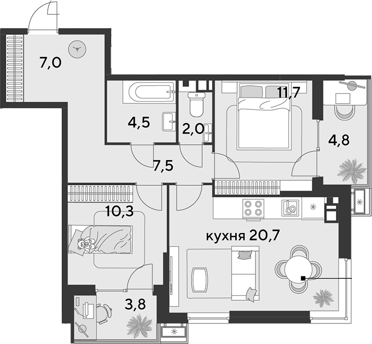 3-комн., 63.7 м², 8/9 этаж, ЖК «Парк Победы»