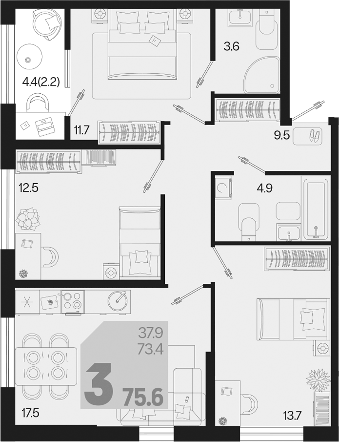 3-комн., 73.4 м², 2/9 этаж, ЖК «Первое место»