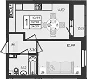 1-комн., 32.98 м², 5/9 этаж, ЖК «Дом 101»