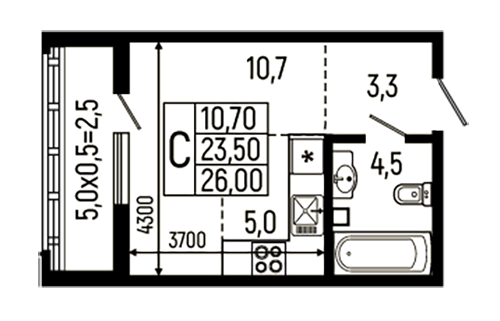 Студия, 23.5 м², 2/11 этаж, ЖК «Звезды»