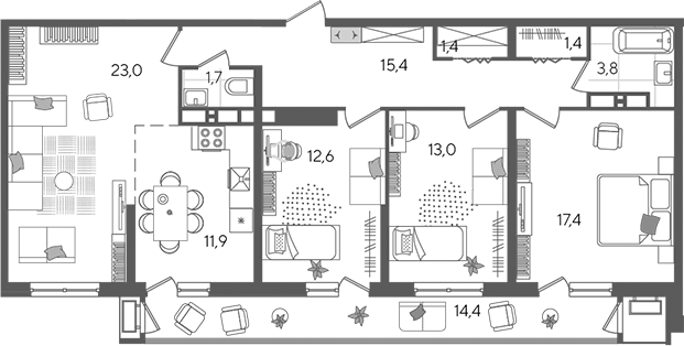 4+ комнаты, 101.6 м², 23/24 этаж, ЖК «Рекорд»