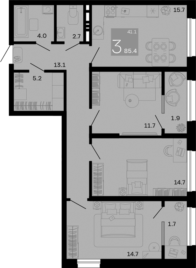 3-комн., 81.8 м², 4/8 этаж, ЖК «Хозяин Морей»