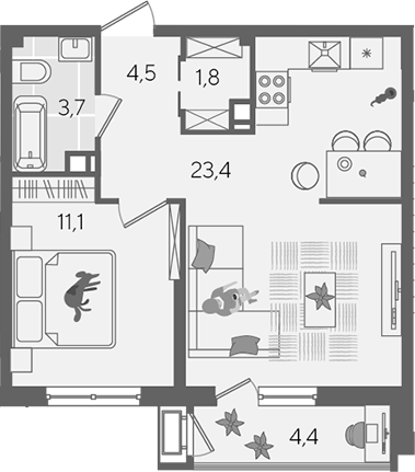 2-комн., 44.5 м², 3/24 этаж, ЖК «Рекорд»