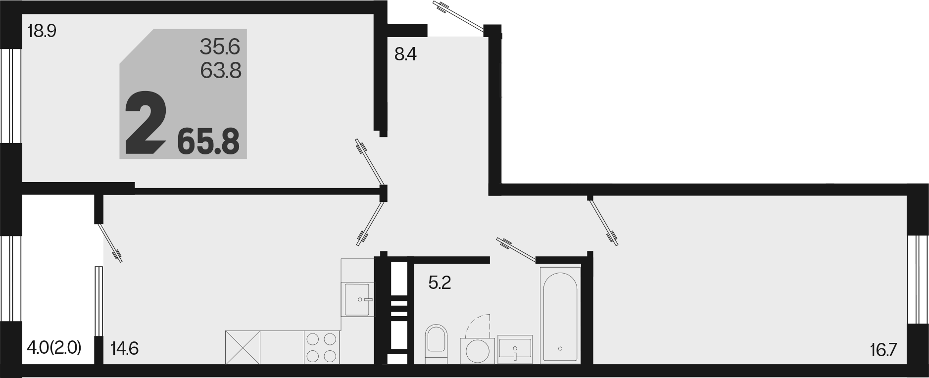 2-комн., 63.8 м², 5/18 этаж, ЖК «Первое место»