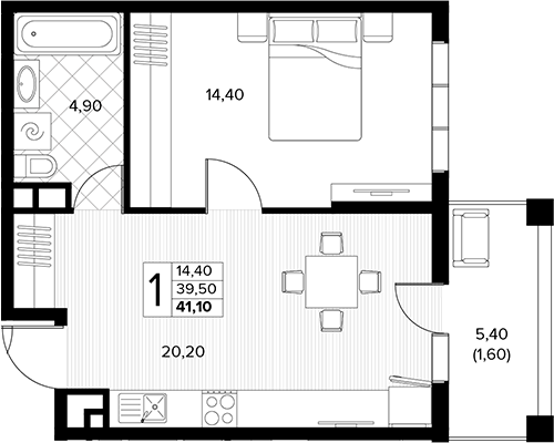 1-комн., 39.5 м², 2/6 этаж, ЖК «Кипарис»
