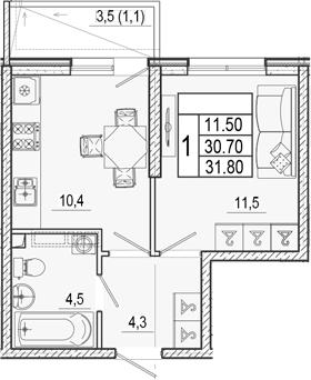 1-комн., 30.7 м², 1/17 этаж, ЖК «Лестория»