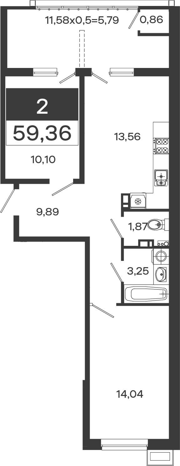2-комн., 53.57 м², 5/18 этаж, ЖК «Образцово»