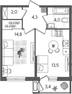 1-комн., 38.6 м², 2/24 этаж, ЖК «Рекорд»