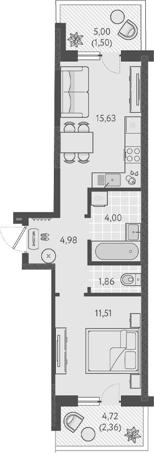 1-комн., 37.98 м², 1/18 этаж, ЖК «Теплые края»