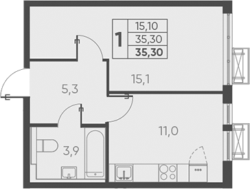 1-комн., 35.3 м², 8/24 этаж, ЖК «Барса»
