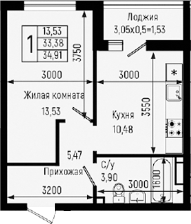 1-комн., 33.38 м², 5/9 этаж, ЖК «Ботаника Хиллс»
