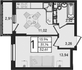 1-комн., 31.74 м², 4/18 этаж, ЖК «Дом 101»