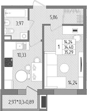 1-комн., 34.4 м², 1/8 этаж, ЖК «Сады у моря»