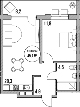 2-комн., 41.5 м², 4/5 этаж, ЖК «МореТут»