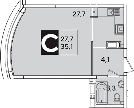 Студия, 35.1 м², 10/16 этаж, ЖК «Самолет»
