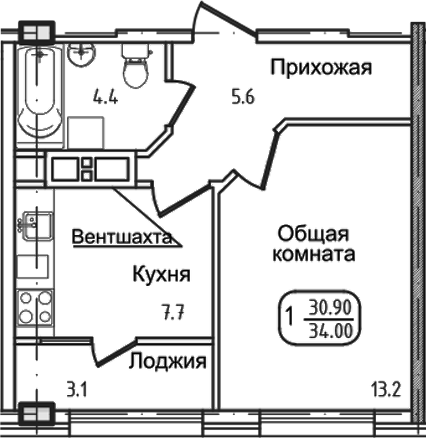 1-комн., 29.6 м², 2/8 этаж, ЖК «Уют. Дарстрой»