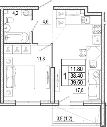 2-комн., 38.4 м², 1/15 этаж, ЖК «Лестория»