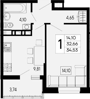 1-комн., 32.66 м², 6/16 этаж, ЖК «Эпос»